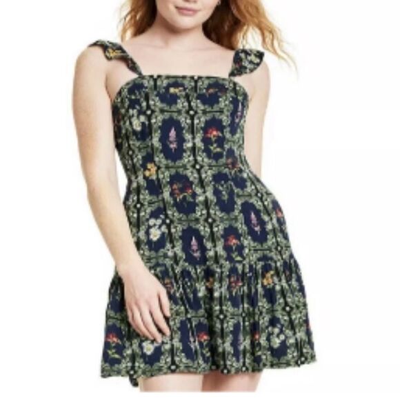 Agua Bendita Target Dainty Floral Tile Navy Flutter Sleeve Mini Dress 2X EUC - Picture 2 of 9